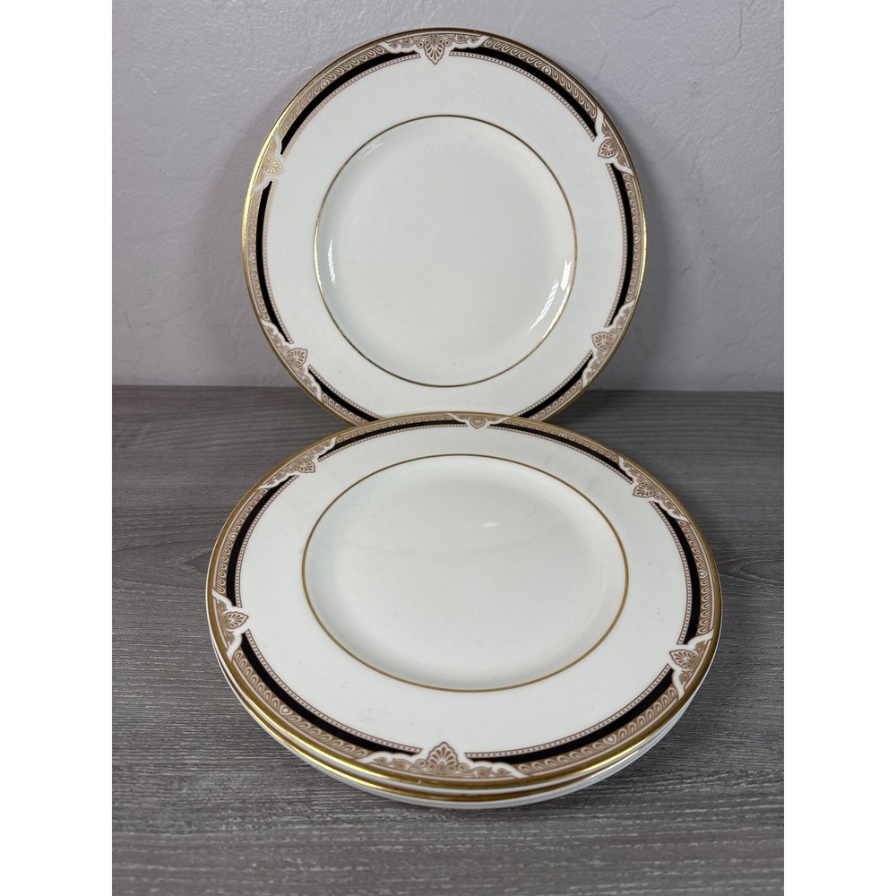 Set of 4 Royal Doulton Andover H5215 Salad Plates Bone China Gold Black 8"